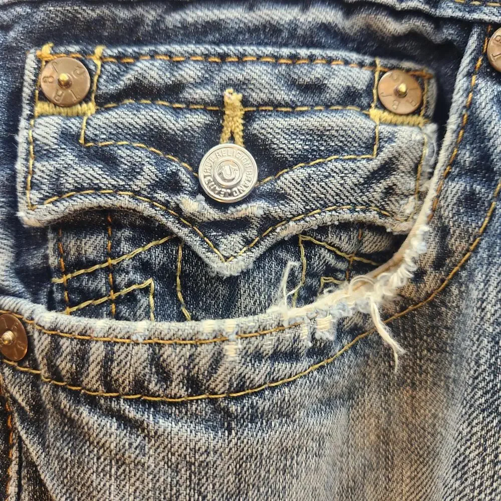 Vintage Y2K True Religion Mens Straight Leg Jeans Sz 34 Distressed‎ Blue Denim